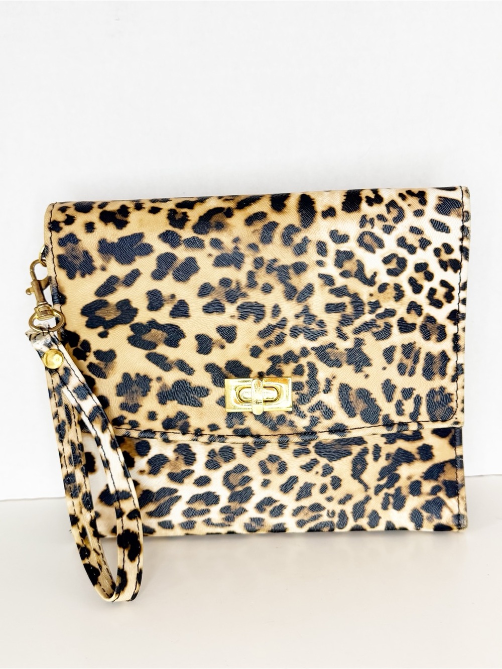 Leopard Print Wristlet Clutch - Gold Hardware